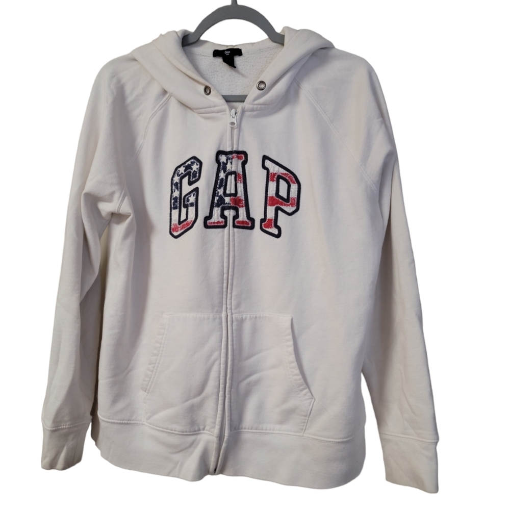 Gap Women's Hoodie Full Zipper White with American Color Logo, XL